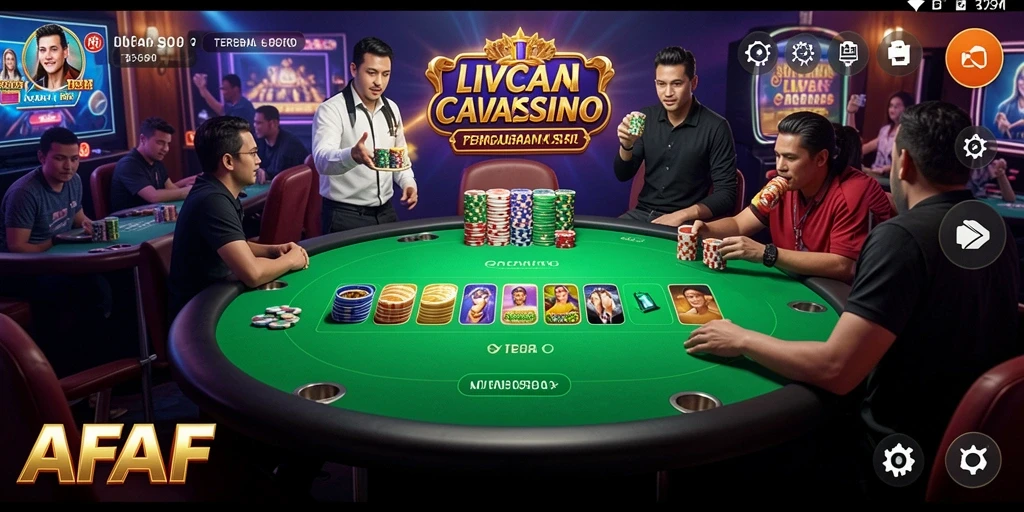 Screenshot gameplay AFAF yang menunjukkan dealer langsung dan suasana kasino.