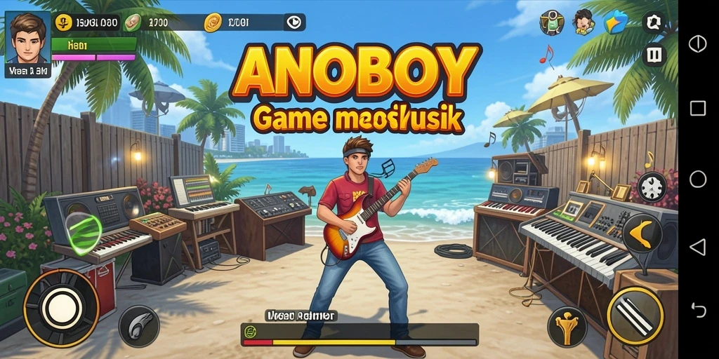 Screenshot utama ANOBOY menunjukkan gameplay yang dinamis dan interaktif.