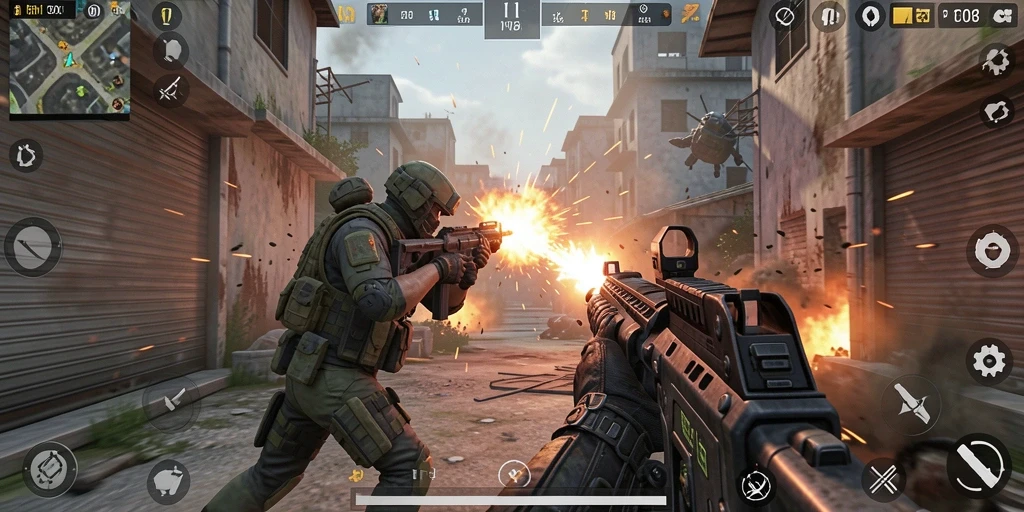 Gameplay F08 dengan aksi tembak-menembak yang seru.