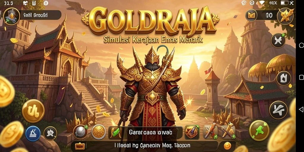 Tangkapan layar gameplay GOLDRAJA menunjukkan pembangunan kerajaan emas yang megah.