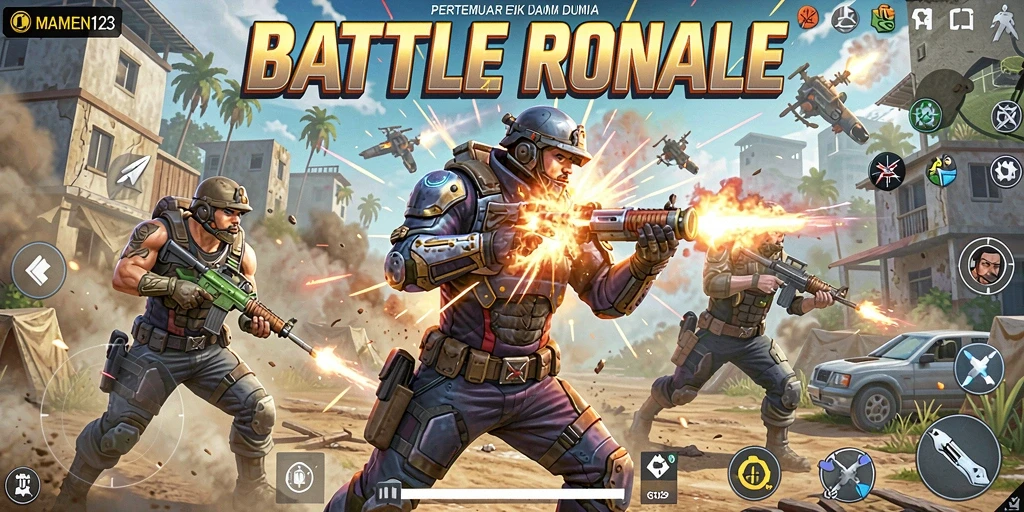 Screenshot gameplay MAMEN123 menunjukkan aksi pertempuran yang intens di medan perang.