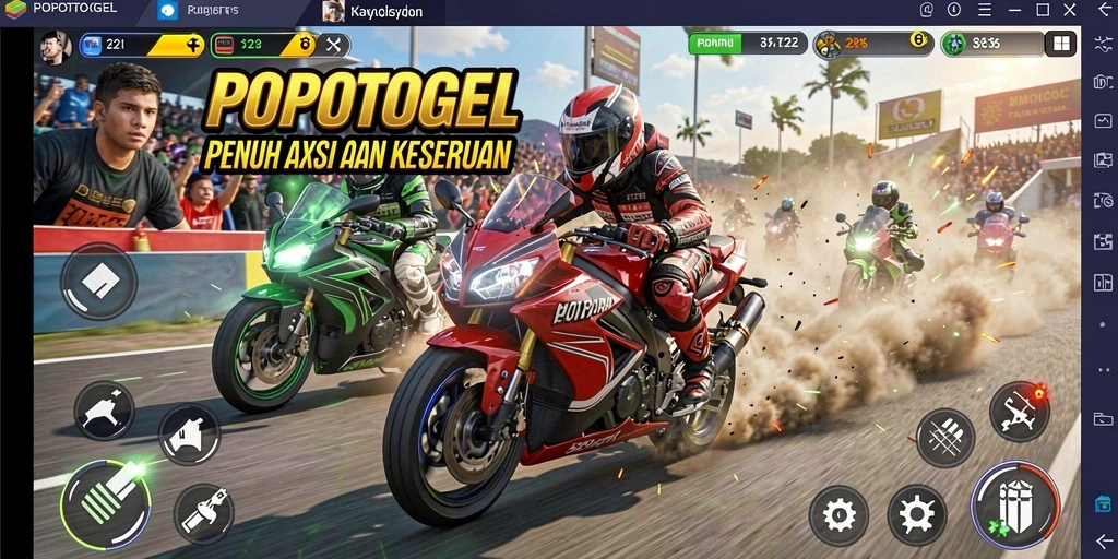 Screenshot gameplay seru POPOTOGEL dengan balapan motor yang menegangkan.