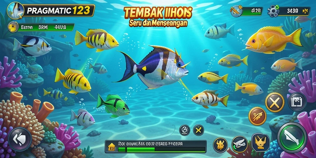 Tampilan gameplay seru PRAGMATIC123 dengan ikan berwarna-warni.