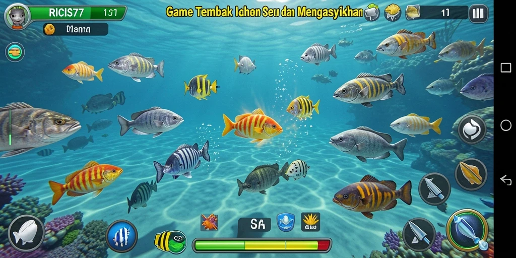 Tampilan gameplay RICIS77 saat menembak ikan yang berwarna-warni.