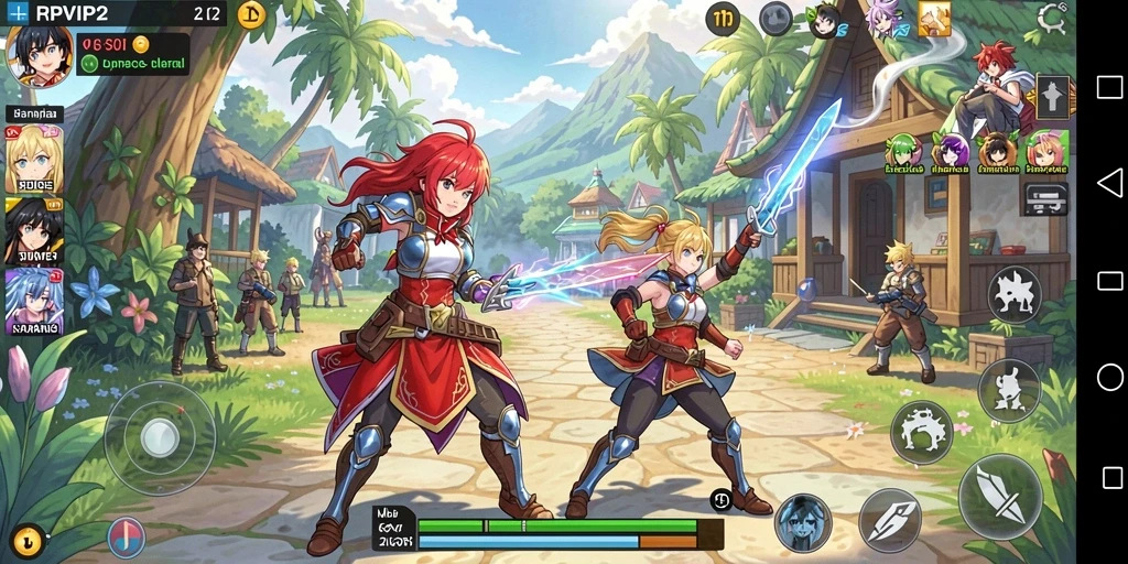 Screenshot utama RPVIP2 menampilkan pertempuran seru dalam gaya anime.